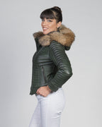 Women's Biker Leather Jacket with Faux Fur Hood - Down Style