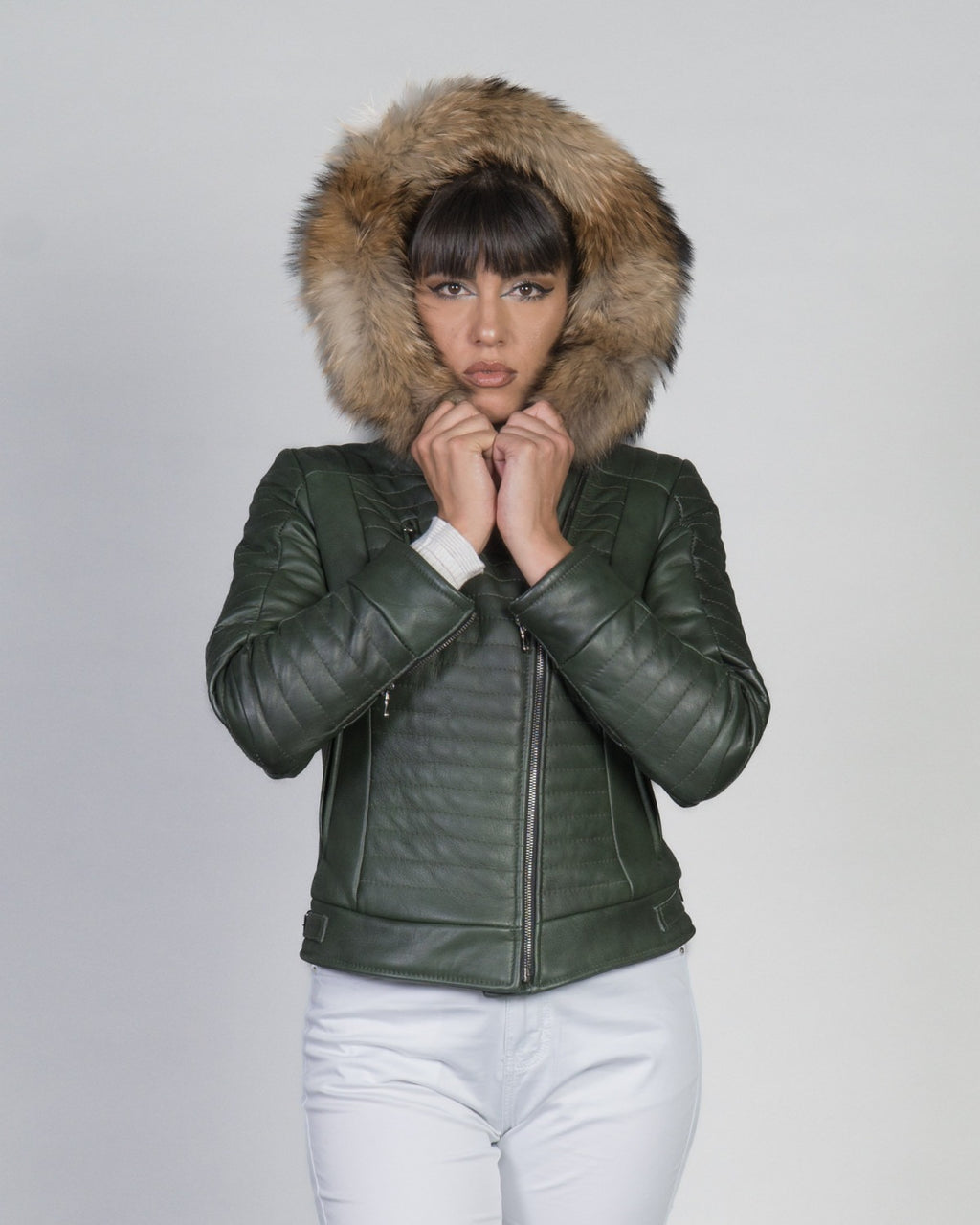 Women's Biker Leather Jacket with Faux Fur Hood - Down Style