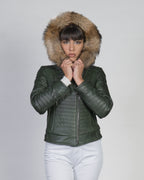 Women's Biker Leather Jacket with Faux Fur Hood - Down Style