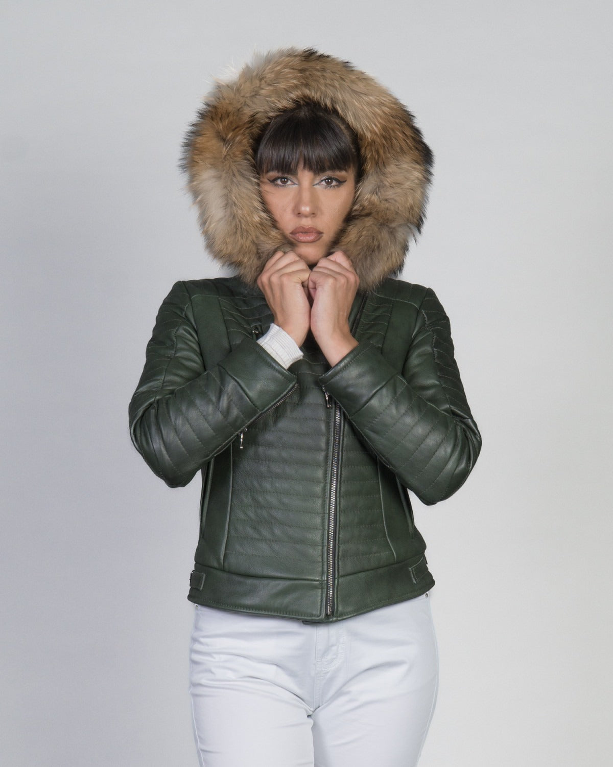 Women's Biker Leather Jacket with Faux Fur Hood - Down Style