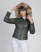 Women's Biker Leather Jacket with Faux Fur Hood - Down Style