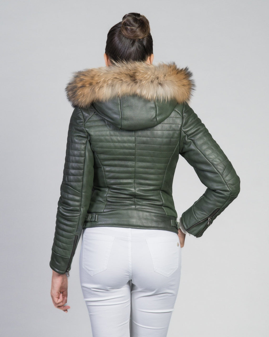 Women's Biker Leather Jacket with Faux Fur Hood - Down Style