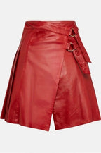 Women's High-Waisted Buckled Wrap Pleated Leather Mini Skirt