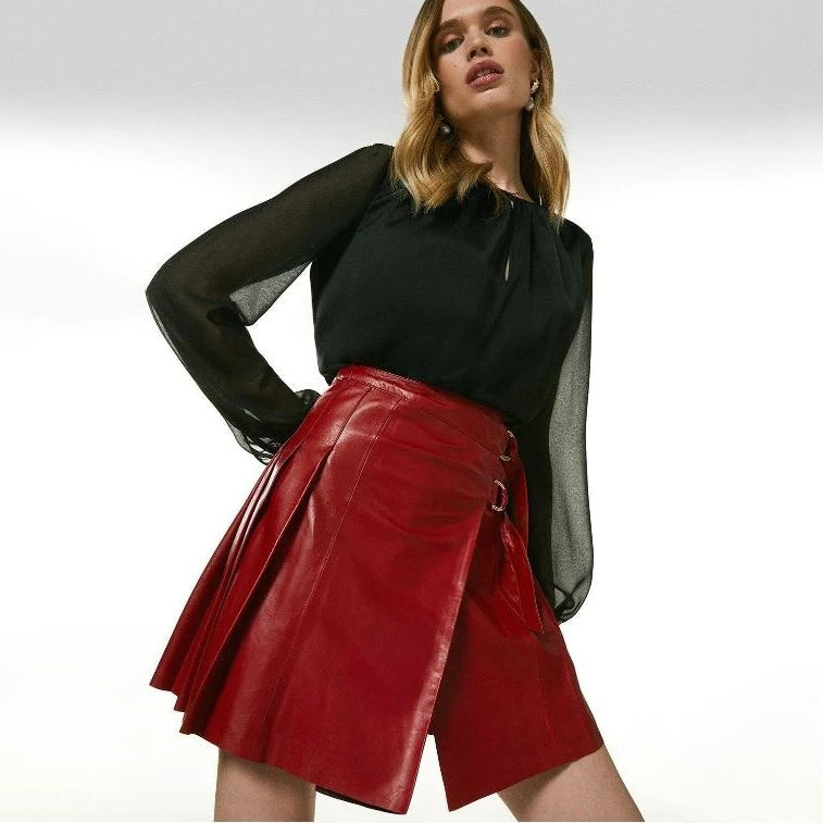 Women's High-Waisted Buckled Wrap Pleated Leather Mini Skirt