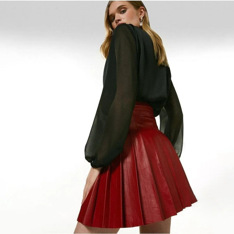 Women's High-Waisted Buckled Wrap Pleated Leather Mini Skirt
