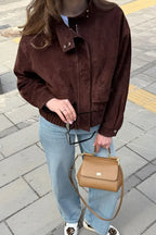 Women's High Neck Suede Bomber Jacket