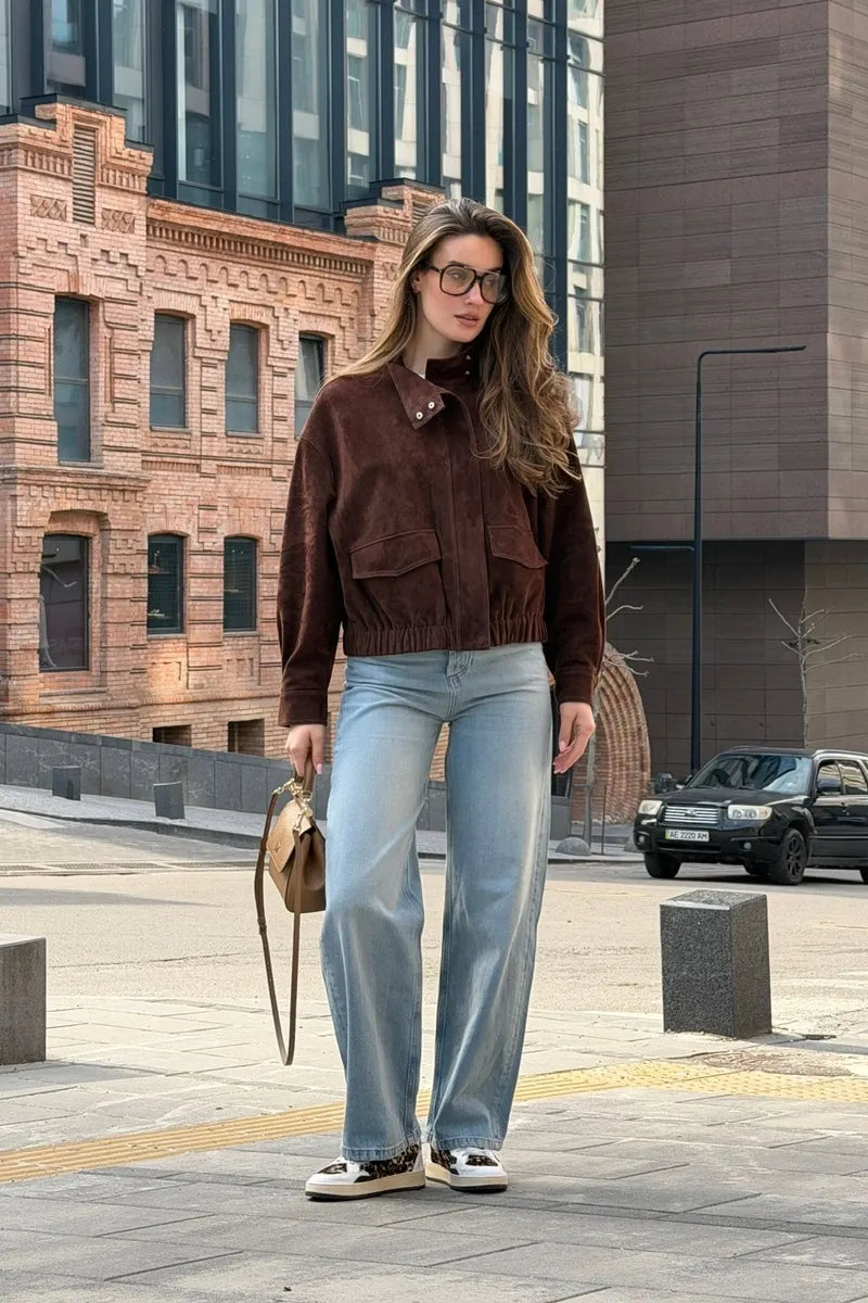 Women's High Neck Suede Bomber Jacket