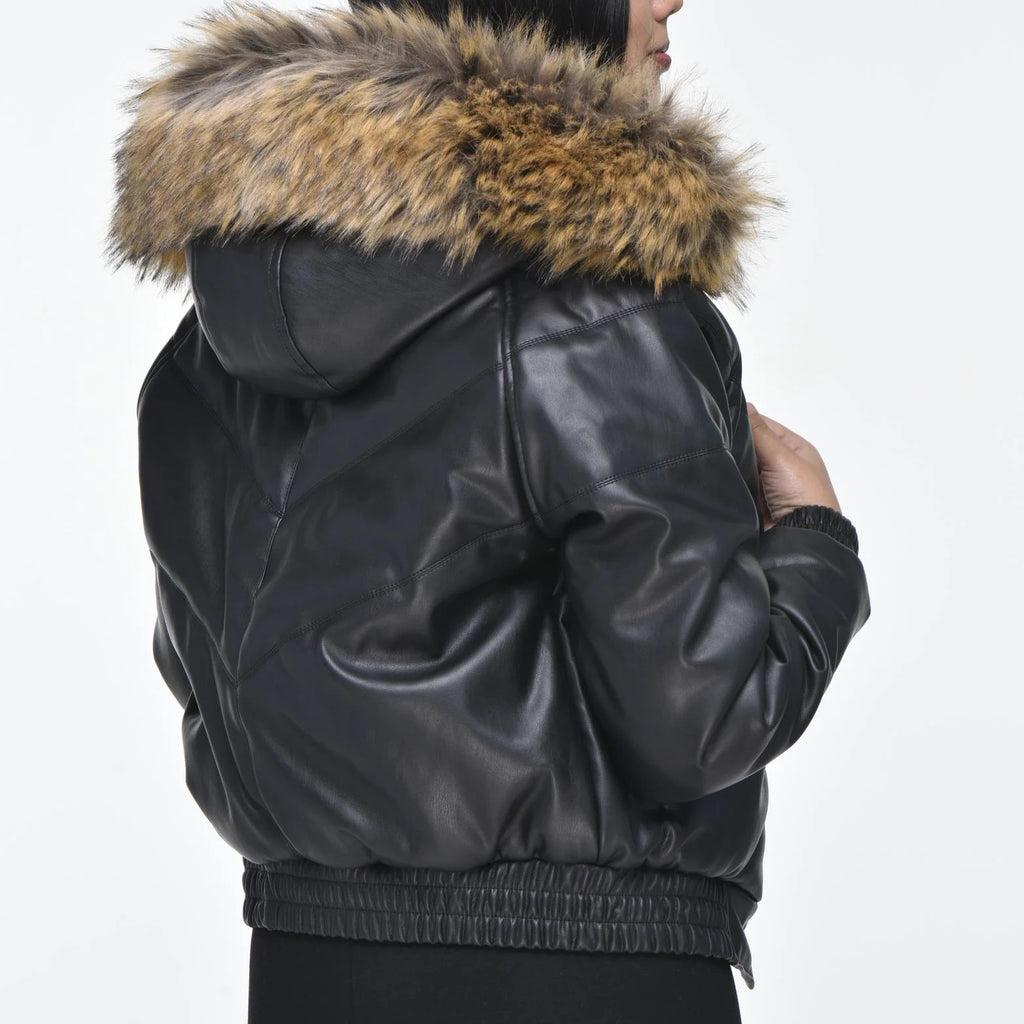 Women's Black Leather Hooded Bomber Jacket – Real Sheepskin