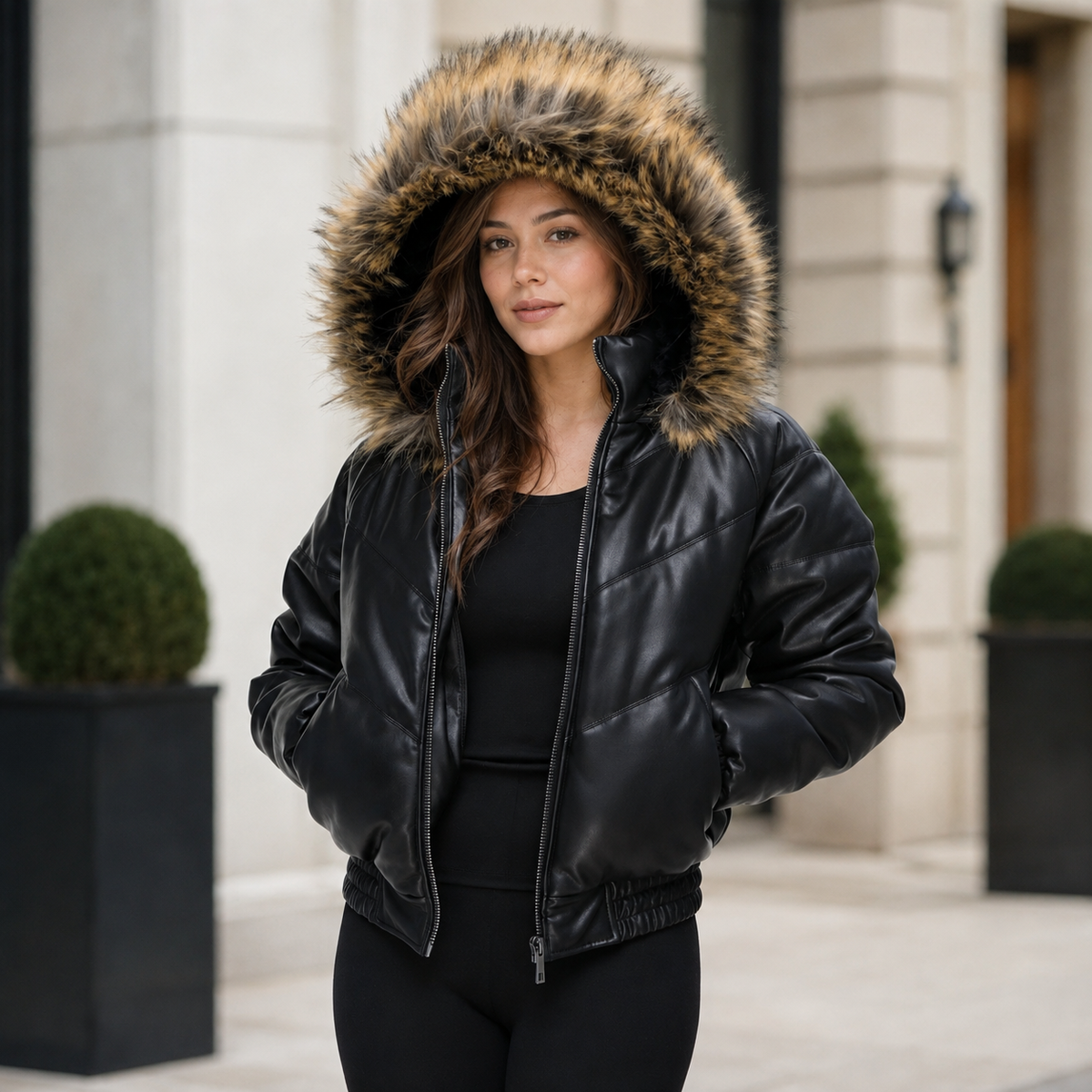 Women's Black Leather Hooded Bomber Jacket – Real Sheepskin