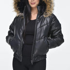 Women's Black Leather Hooded Bomber Jacket – Real Sheepskin
