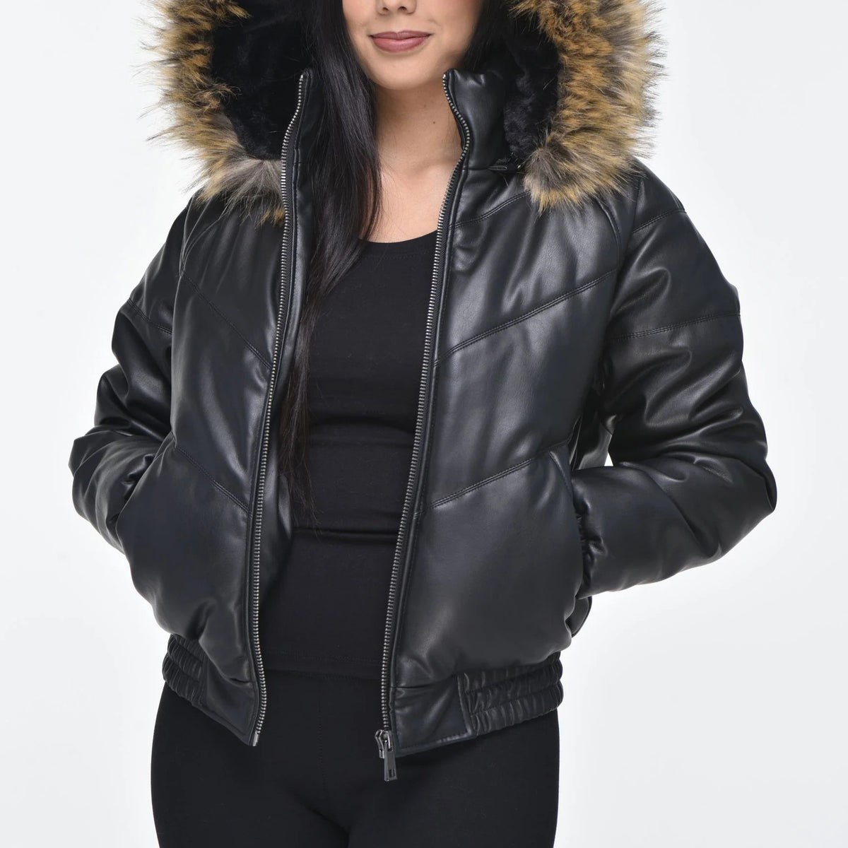 Women's Black Leather Hooded Bomber Jacket – Real Sheepskin