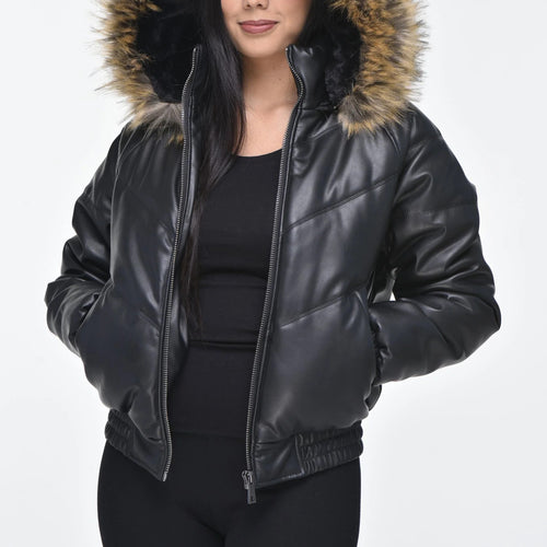 Women's Black Leather Hooded Bomber Jacket – Real Sheepskin