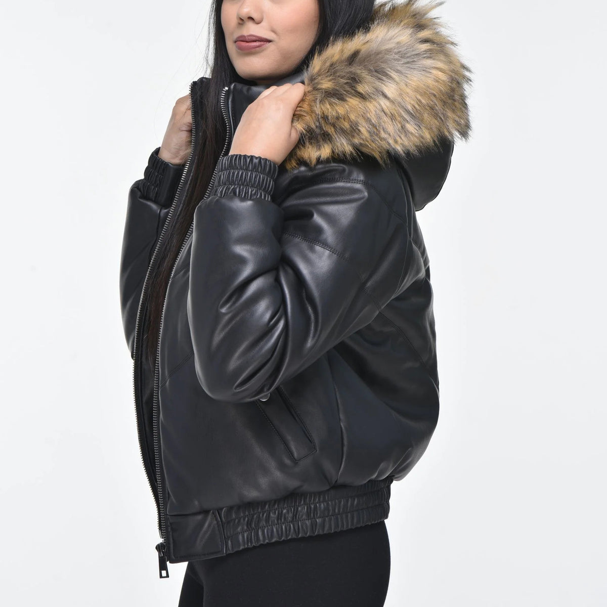 Women's Black Leather Hooded Bomber Jacket – Real Sheepskin