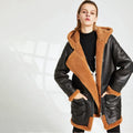 Women's Hooded Shearling-Lined Leather Jacket Coat