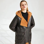 Women's Hooded Shearling-Lined Leather Jacket Coat
