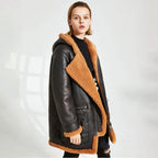 Women's Hooded Shearling-Lined Leather Jacket Coat