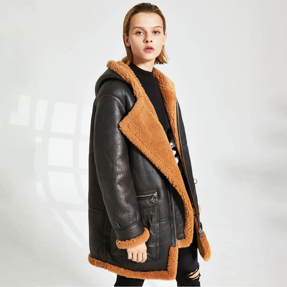 Women's Hooded Shearling-Lined Leather Jacket Coat
