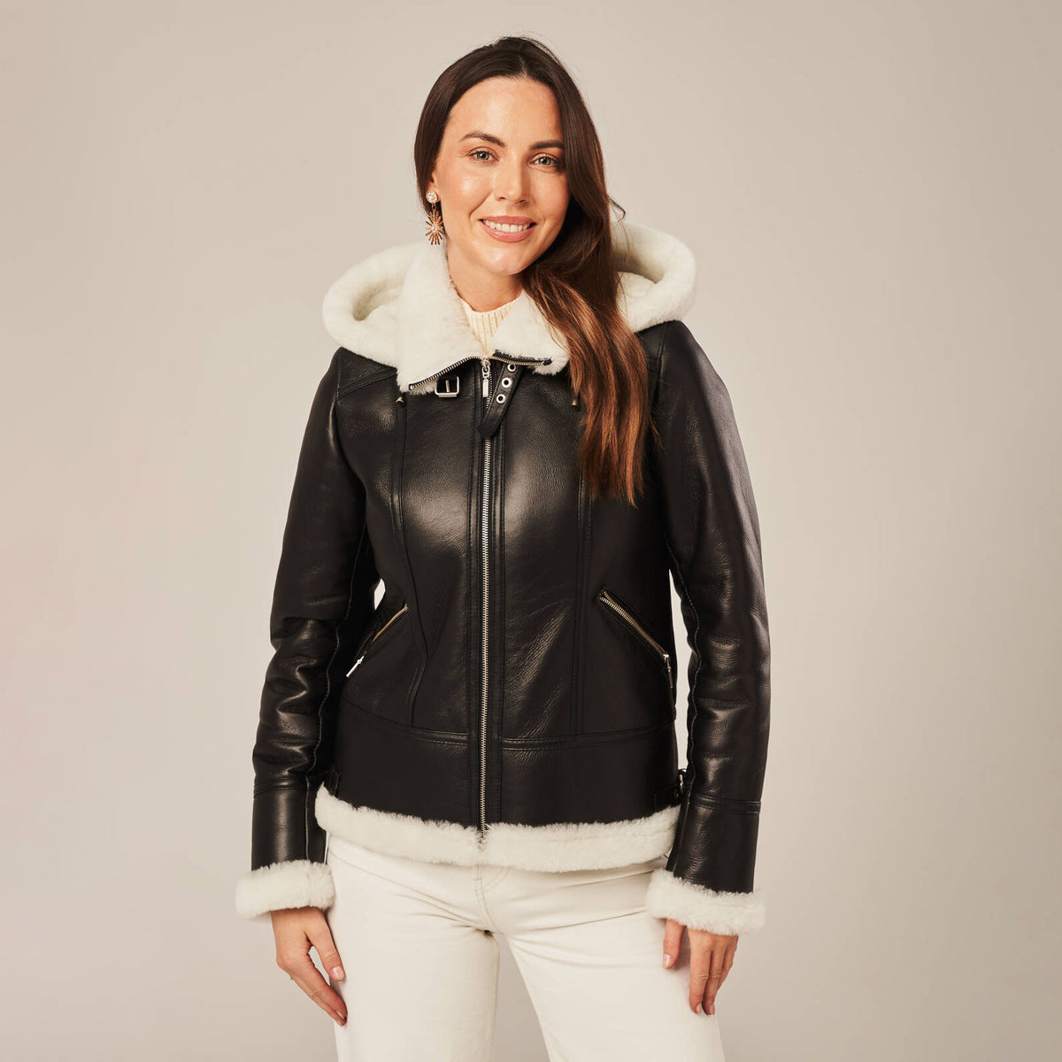 Women's Hooded Shearling Aviator Jacket
