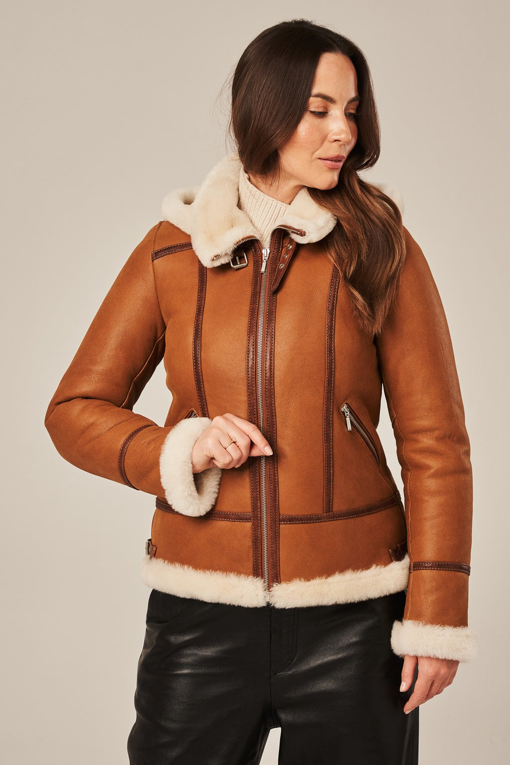 Women's Hooded Shearling Aviator Jacket