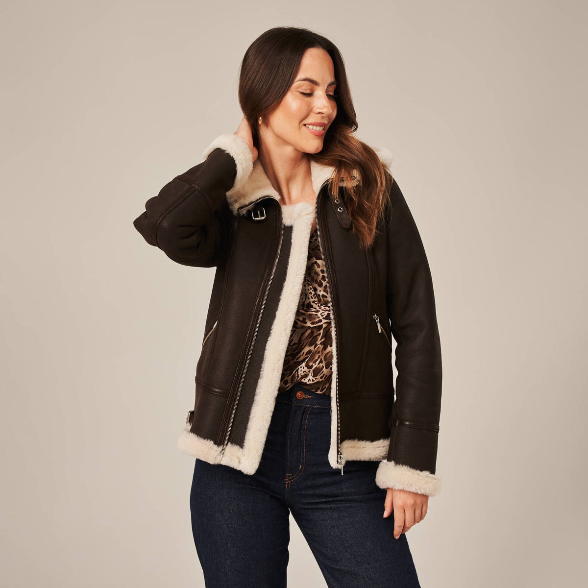 Women's Hooded Shearling Aviator Jacket