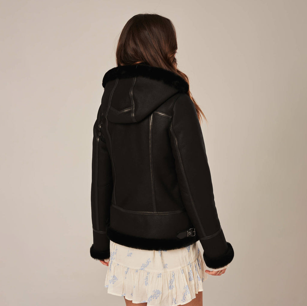Women's Hooded Shearling Aviator Leather Jacket