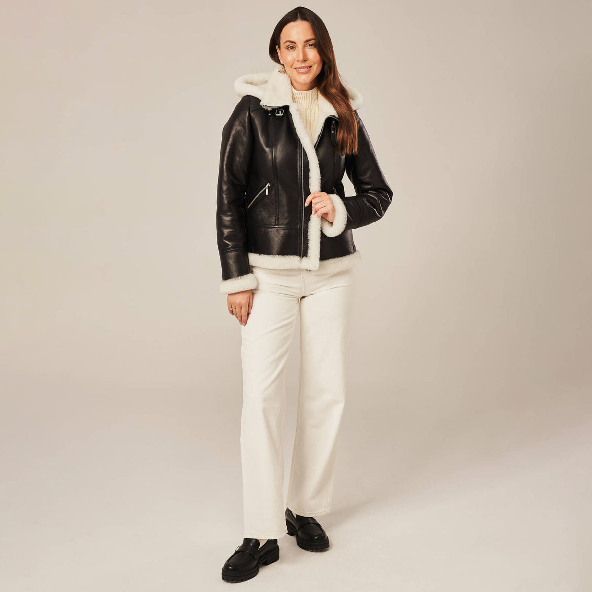 Women's Hooded Shearling Aviator Jacket