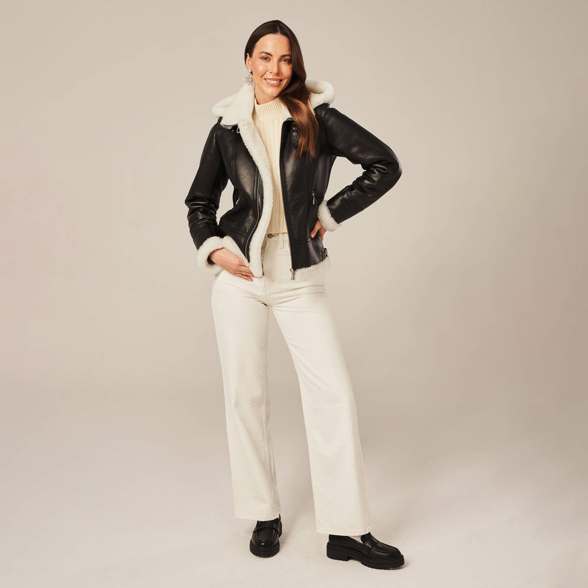 Women's Hooded Shearling Aviator Jacket