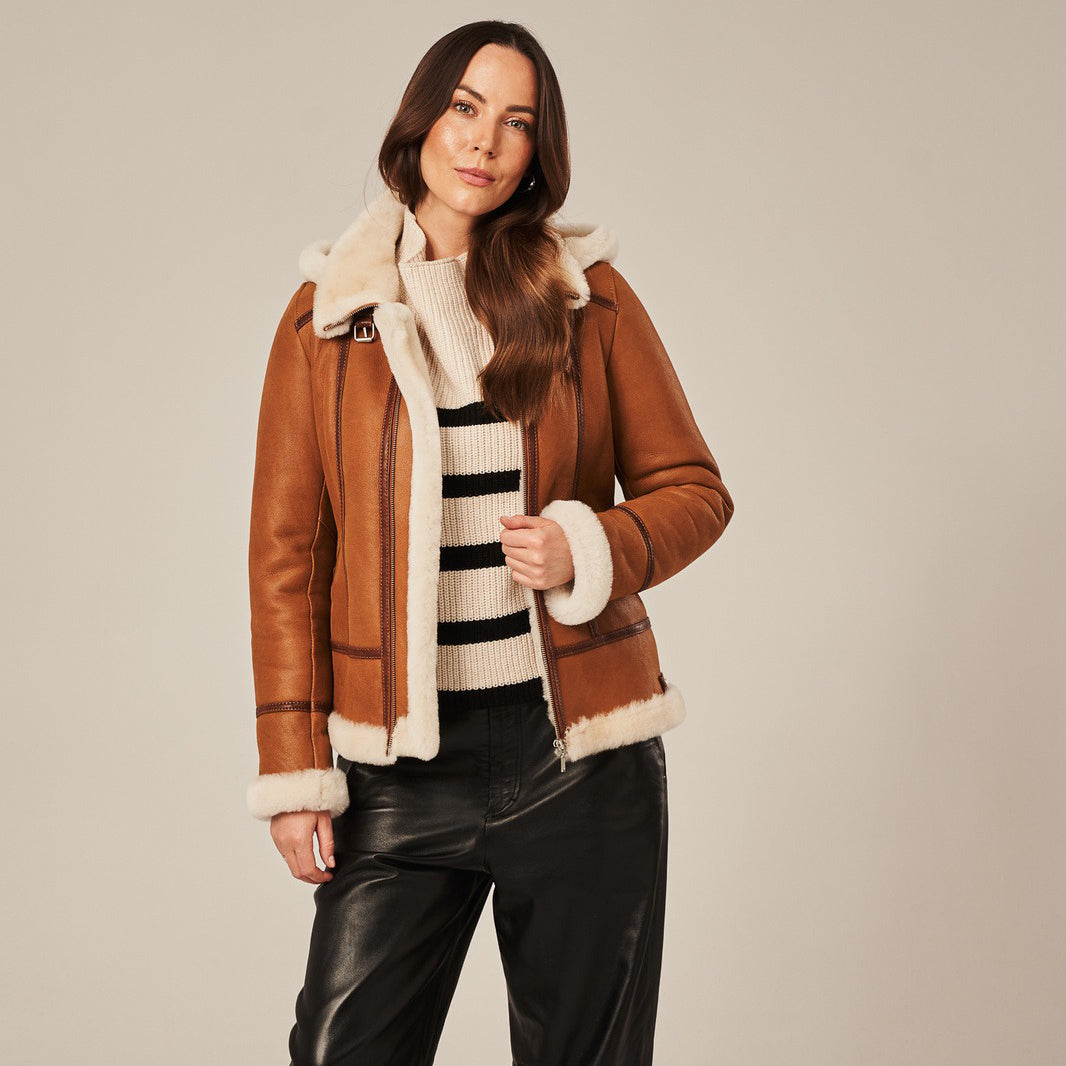 Women's Hooded Shearling Aviator Jacket