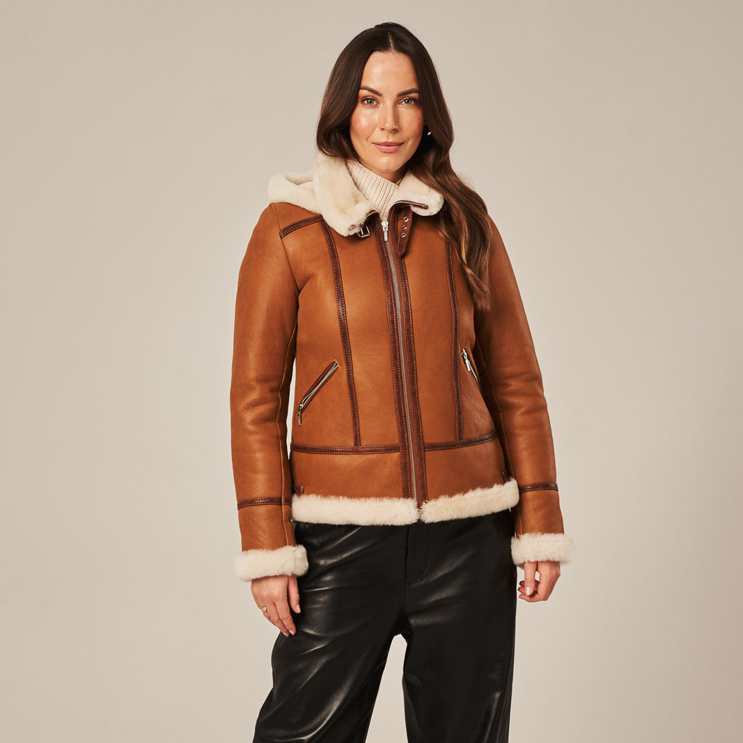 Women's Hooded Shearling Aviator Jacket