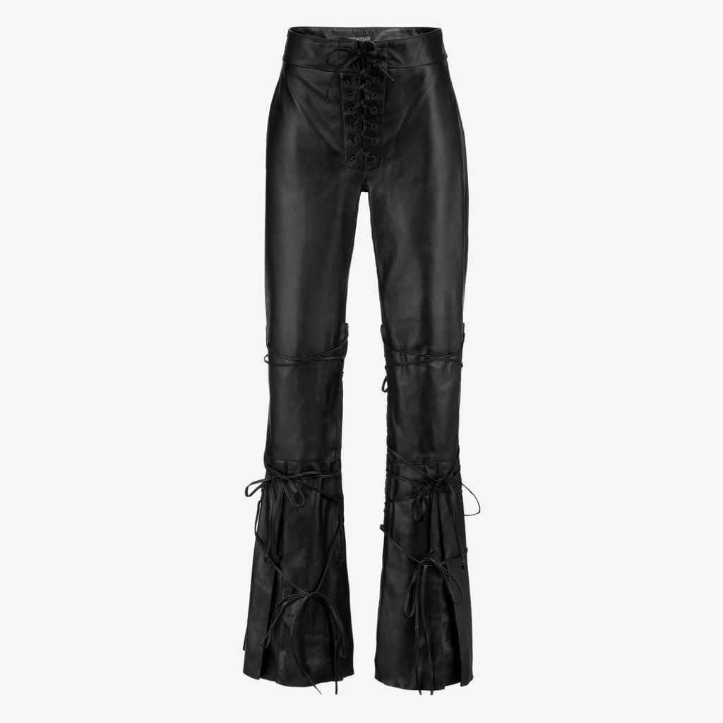 Women's Lace Up Wide Leg Leather Pants