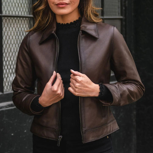 Women's Dark Brown Lambskin Leather Slim-Fit Biker Jacket
