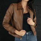Women's Brown Lambskin Leather Slim-Fit Biker Jacket