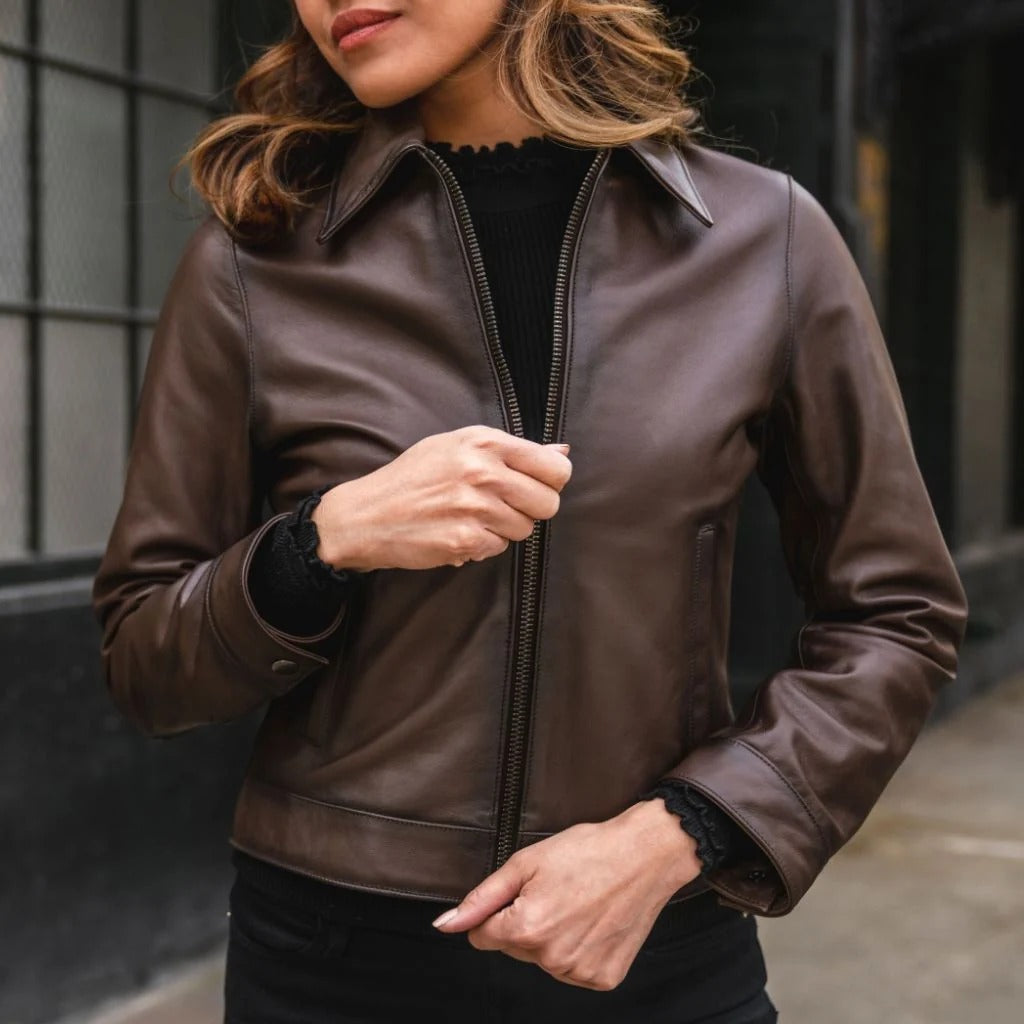 Women's Brown Lambskin Leather Slim-Fit Biker Jacket