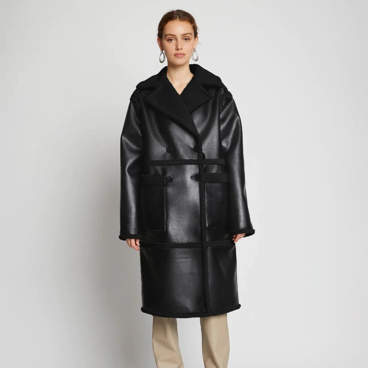 Women's Long Double-Breasted Shearling Leather Trench Coat