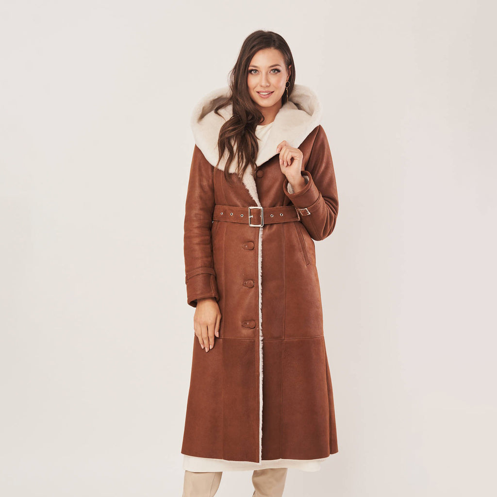 Women's Long Hooded Belted Shearling-Lined Suede Coat