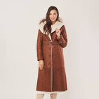 Women's Long Hooded Belted Shearling-Lined Suede Coat