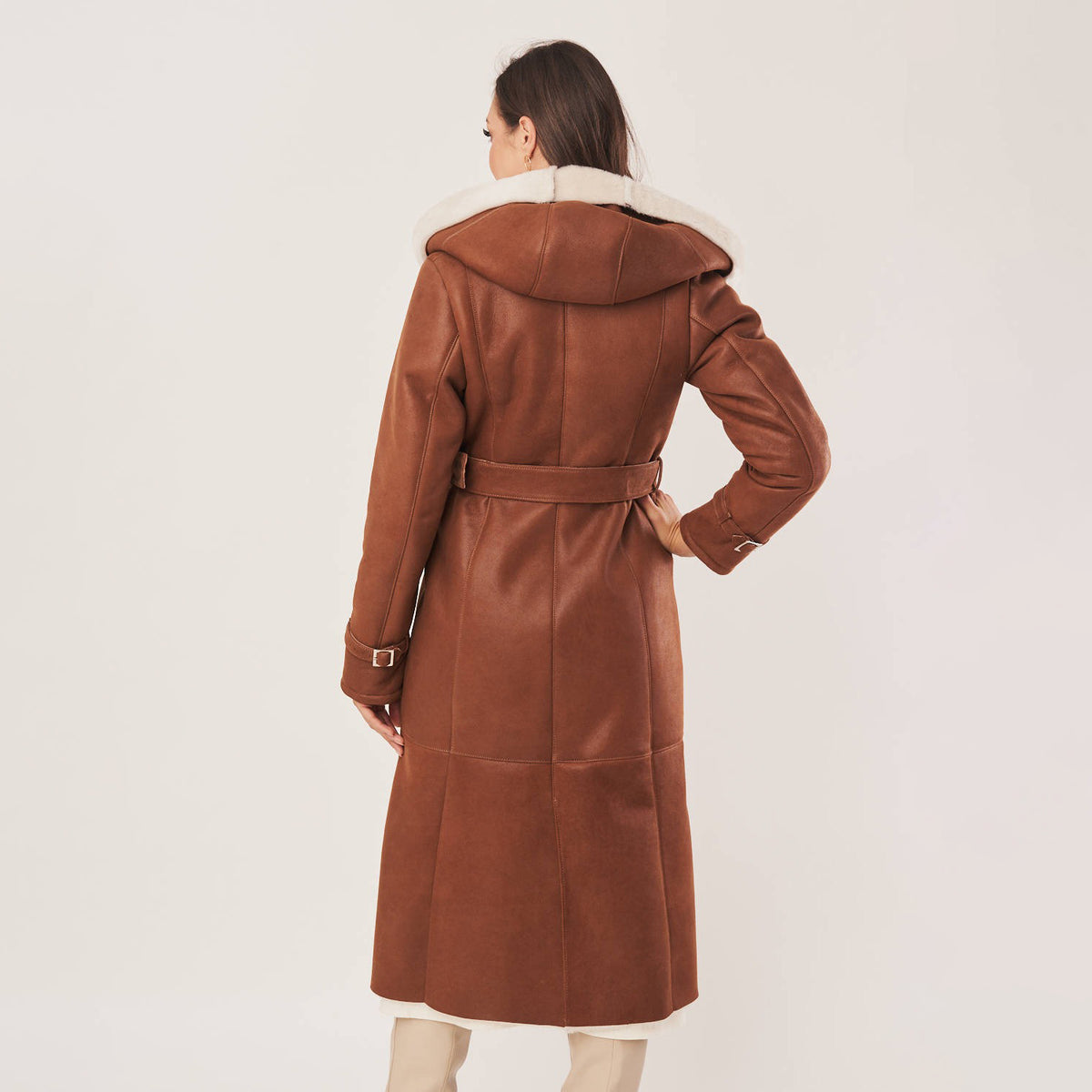 Women's Long Hooded Belted Shearling-Lined Suede Coat
