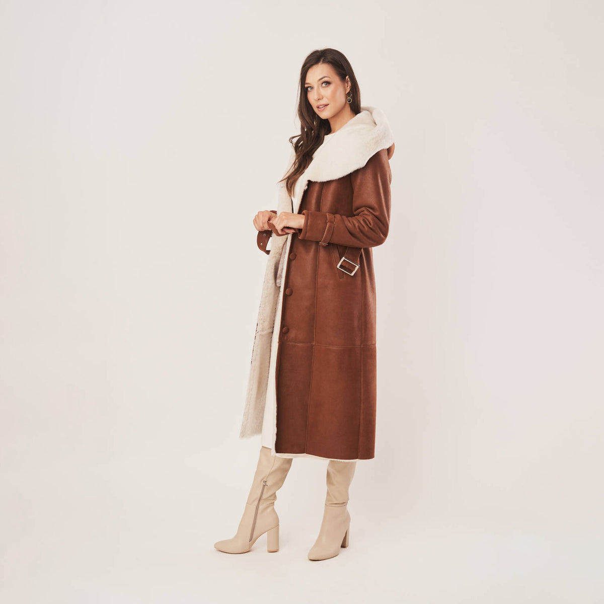 Women's Long Hooded Belted Shearling-Lined Suede Coat