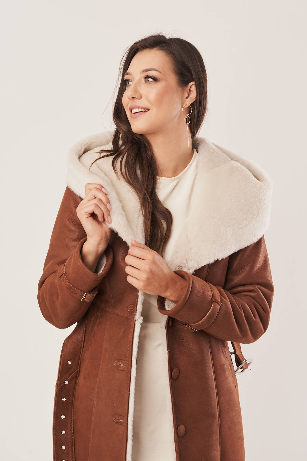 Women's Long Hooded Belted Shearling-Lined Suede Coat
