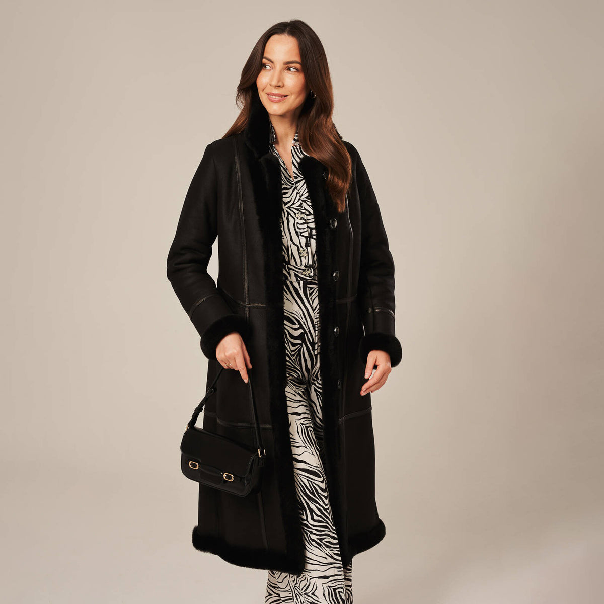 Women's Long Knee-Length Tailored Shearling Suede Coat