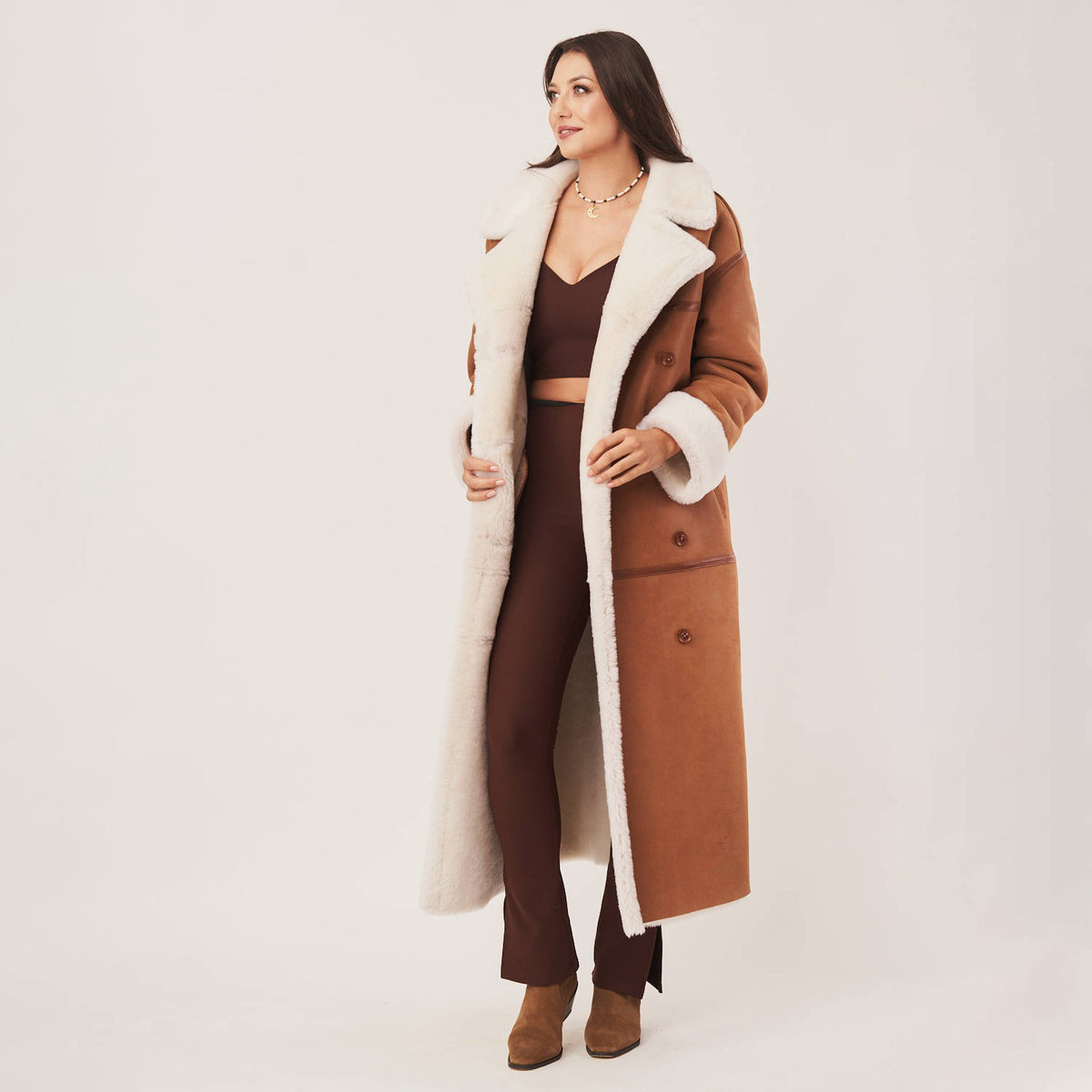 Women's Long Oversized Double-Breasted Shearling Coat