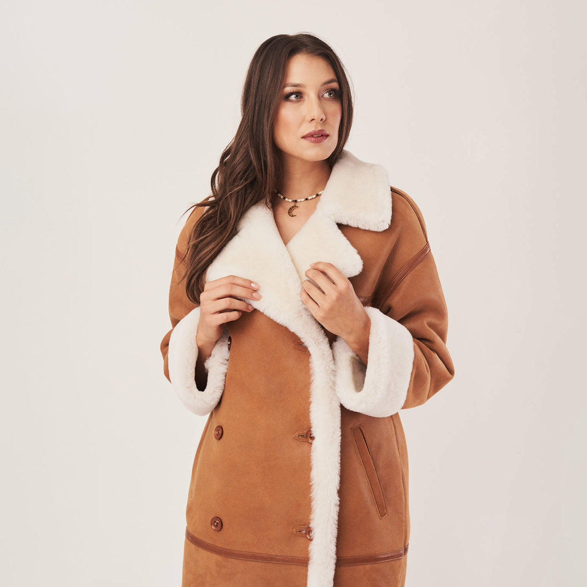 Women's Long Oversized Double-Breasted Shearling Coat