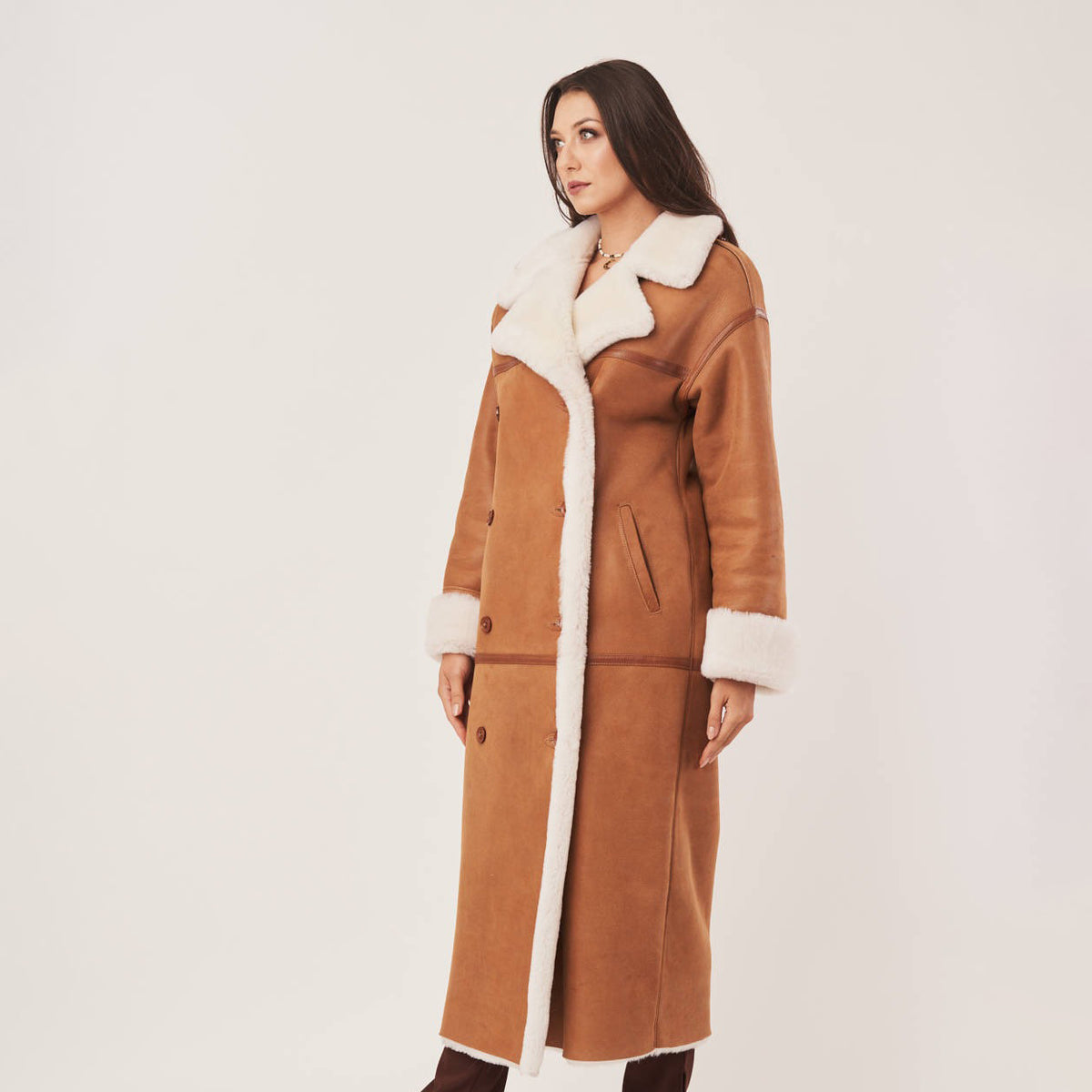 Women's Long Oversized Double-Breasted Shearling Coat