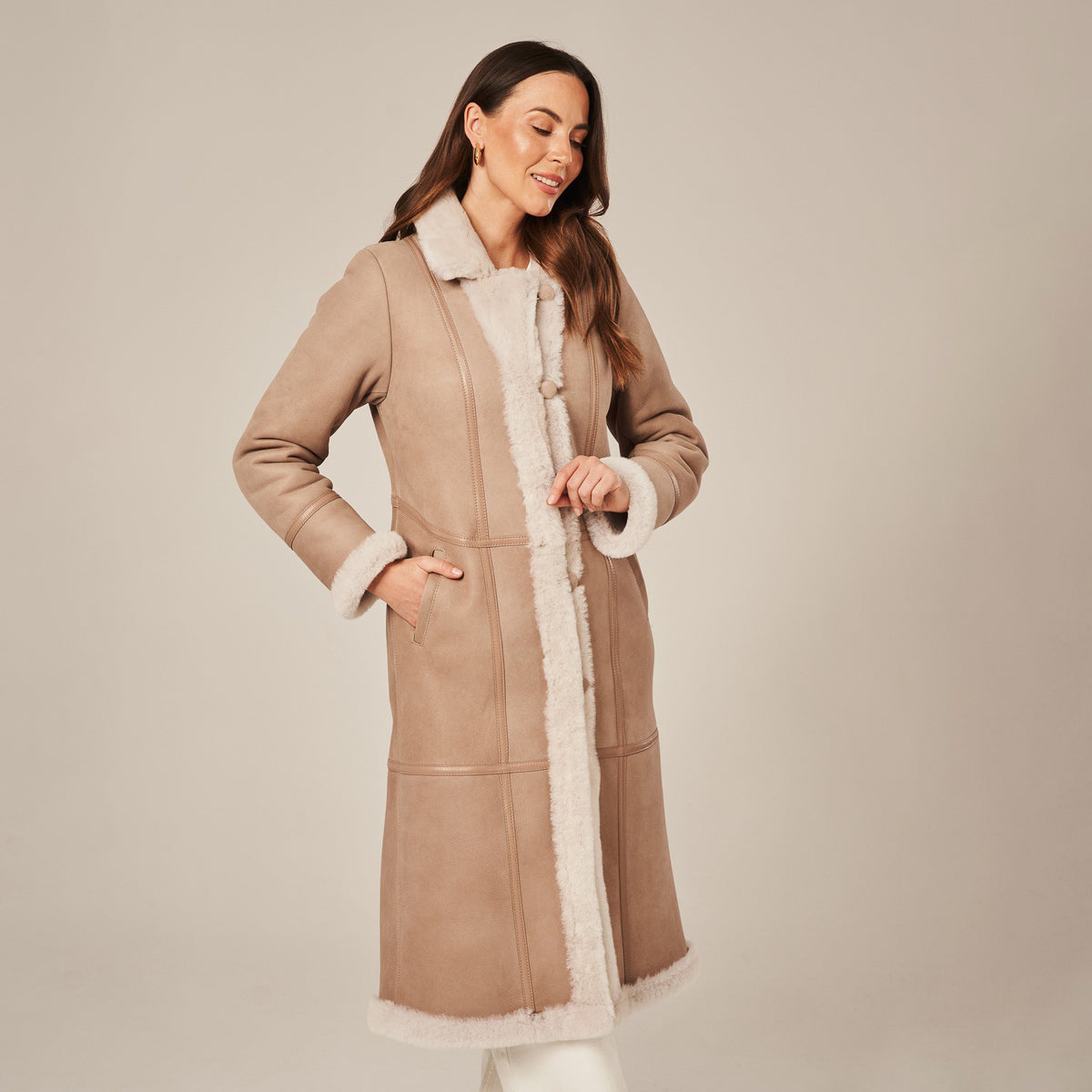 Women's Tailored Long Shearling Lined Suede Coat