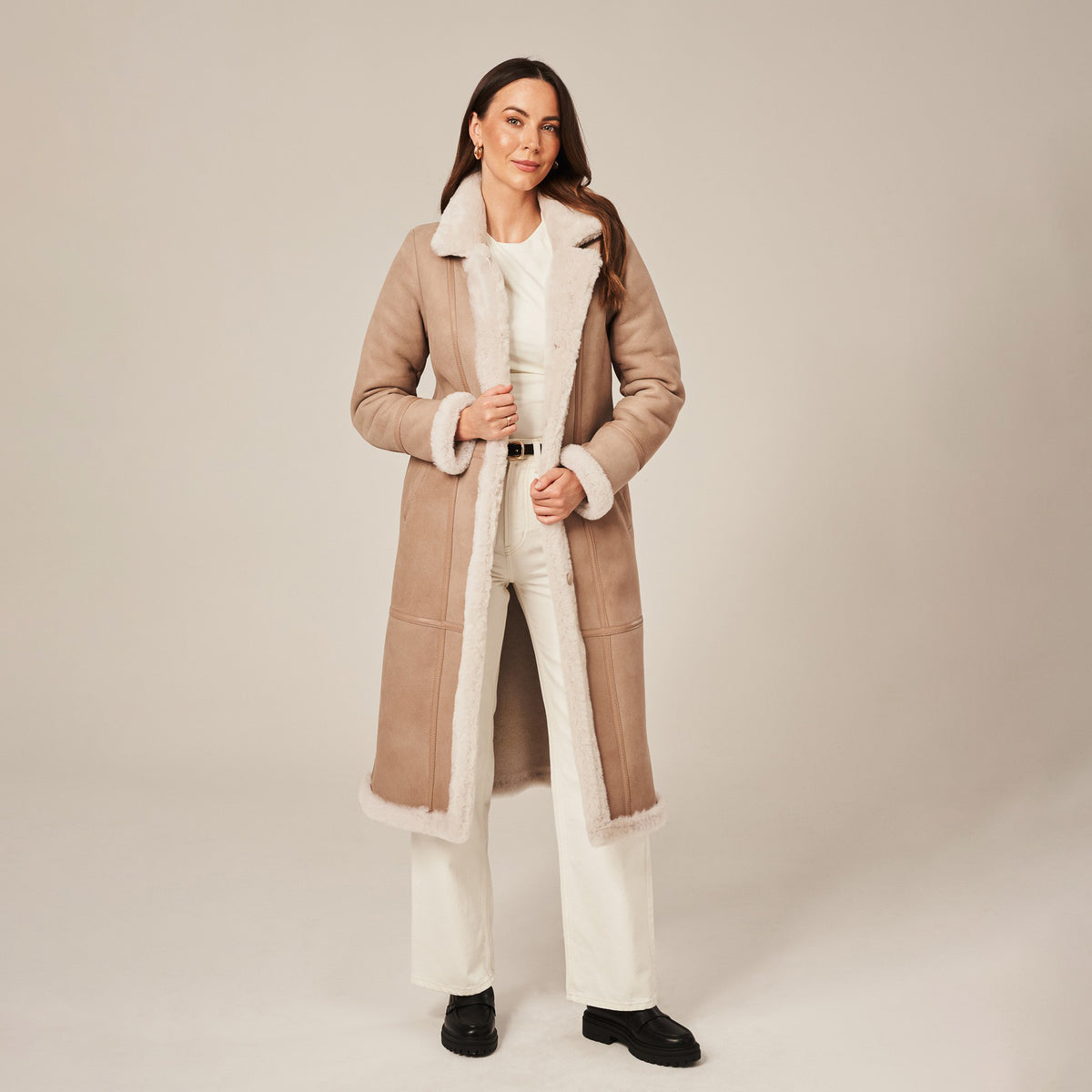Women's Tailored Long Shearling Lined Suede Coat