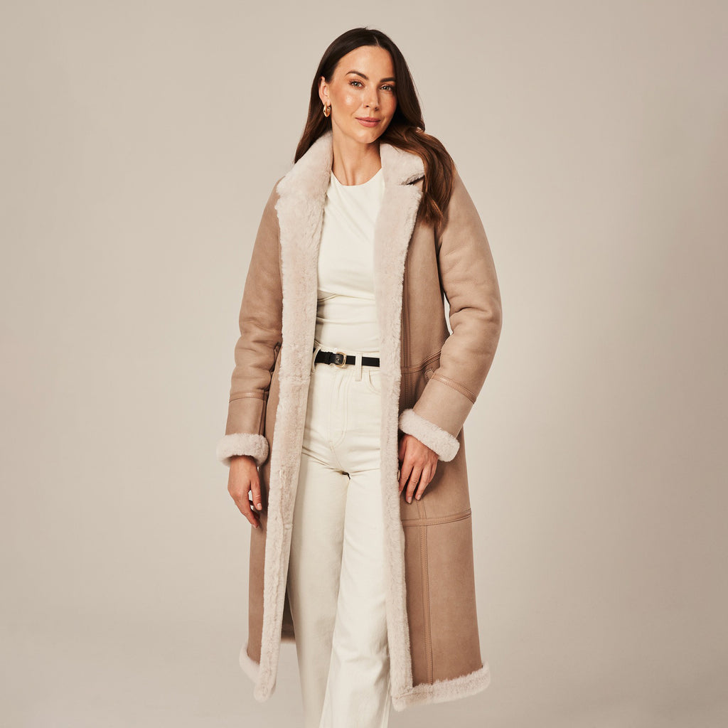 Women's Tailored Long Shearling Lined Suede Coat