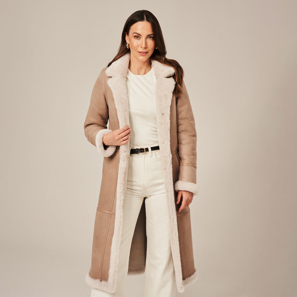 Women's Tailored Long Shearling Lined Suede Coat