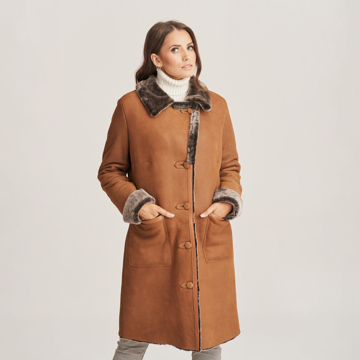 Women's Mid-Length Shearling-Lined Suede Coat with Patch Pockets