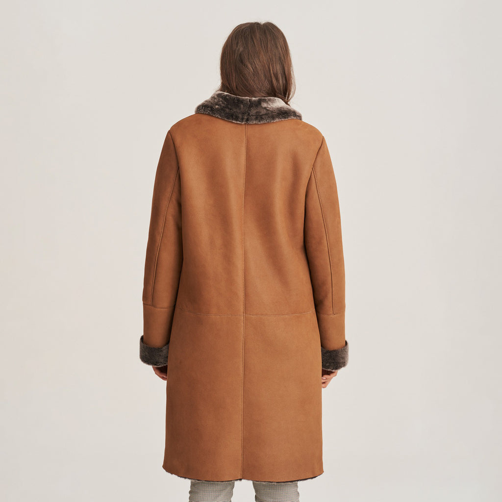 Women's Mid-Length Shearling-Lined Suede Coat with Patch Pockets