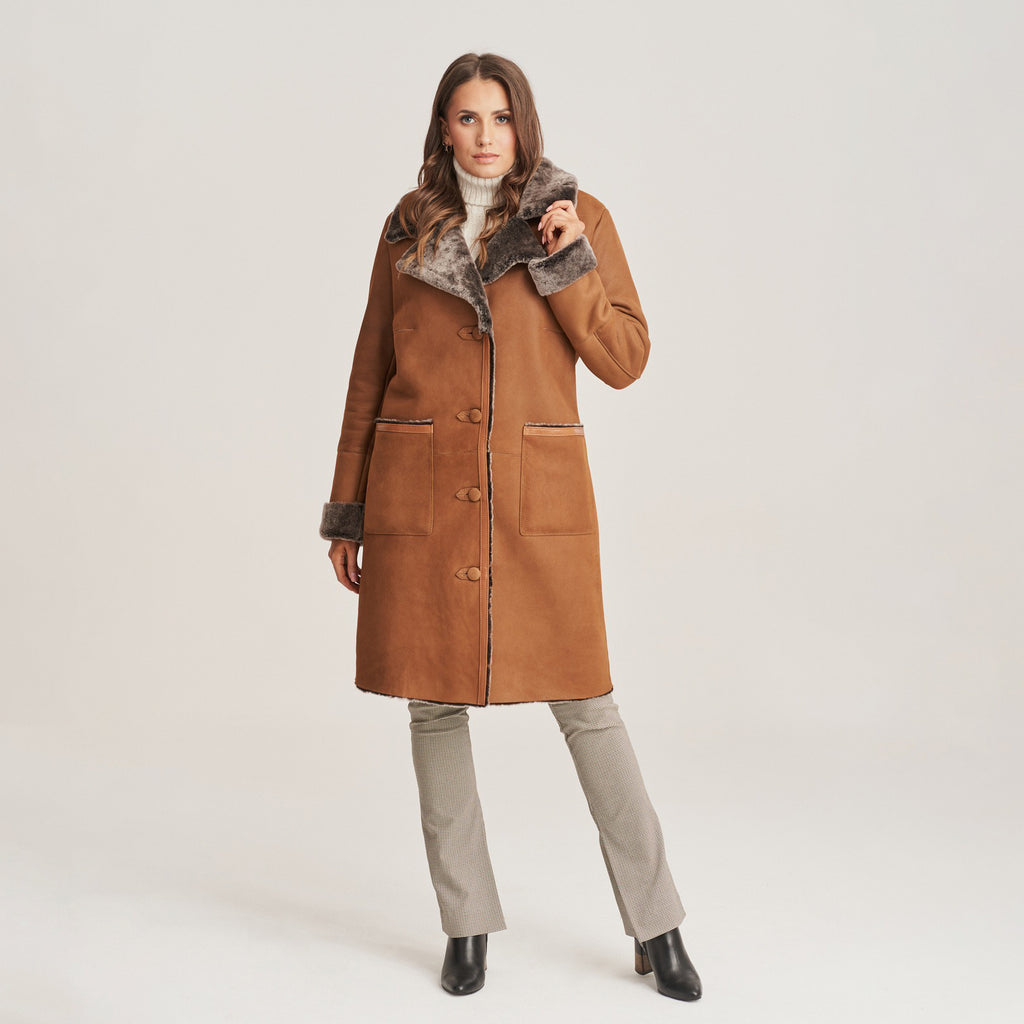 Women's Mid-Length Shearling-Lined Suede Coat with Patch Pockets